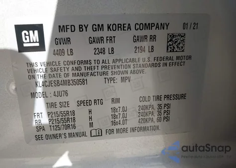 2021 Buick Encore Awd Preferred из США, поврежденный, VIN KL4CJESB4MB350581